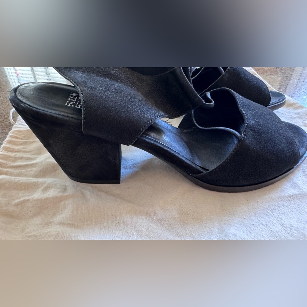 Eileen Fisher Womens DOE Tumbled Nubuck Heeled Sandals Black size 10 - Picture 9 of 11
